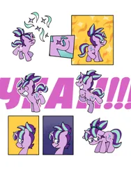 Size: 768x1023 | Tagged: safe, artist:driftwoodpony, derpibooru import, starlight glimmer, pony, unicorn, g4, comic, cutiespark, female, filly, filly starlight glimmer, horn, image, no dialogue, open mouth, open smile, pigtails, png, sad, simple background, smiling, solo, wavy mouth, white background, yay, younger