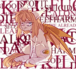 Size: 3664x3340 | Tagged: safe, artist:cheekipone, ponerpics import, oc, oc:honey milk, unofficial characters only, bat pony, pony, bags under eyes, bat pony oc, bat wings, blood, crying, fangs, female, floppy ears, hoof heart, image, jpeg, mare, nosebleed, sad, sitting, solo, spread wings, tears of pain, teary eyes, text, torn wings, underhoof, unshorn fetlocks, wings