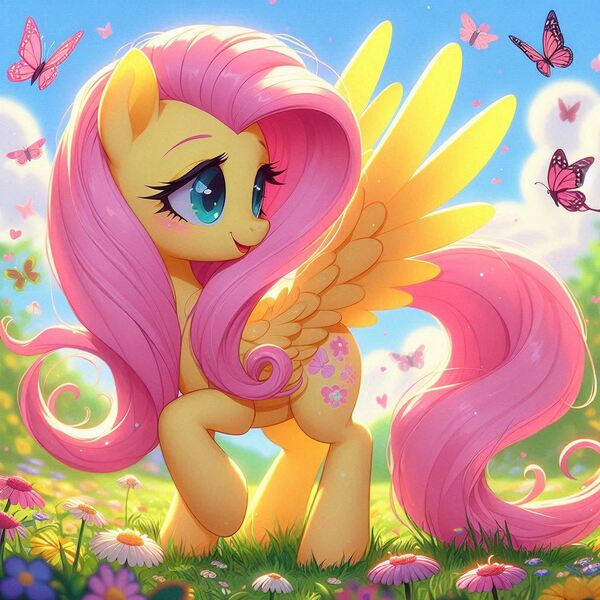 Size: 1024x1024 | Tagged: safe, ai content, derpibooru import, machine learning generated, fluttershy, butterfly, insect, pegasus, g4, flower, generator:bing image creator, generator:dall-e 3, image, jpeg, outdoors, spread wings, wings, wrong cutie mark