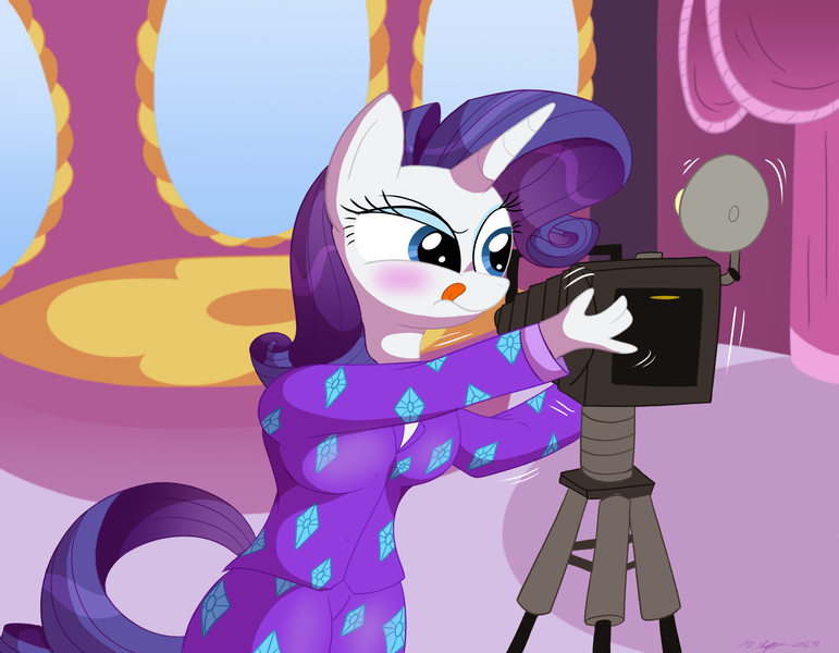 Size: 1620x1260 | Tagged: suggestive, artist:necrofeline, derpibooru import, rarity, anthro, pony, unicorn, series:rarity's pajama shoot, blushing, camera, carousel boutique, clothes, commission, commissioner:demont, expansion, expansion sequence, eye twitch, eyeshadow, horn, image, makeup, pajamas, png, solo, tongue out, tripod