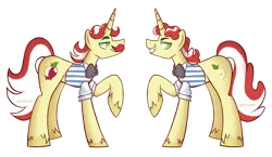 Size: 3100x1800 | Tagged: safe, artist:abonne01, derpibooru import, flam, flim, unicorn, brothers, duo, flim flam brothers, horn, image, male, png, profile, raised hoof, siblings, simple background, smiling, transparent background