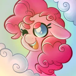 Size: 2500x2500 | Tagged: safe, artist:abonne01, derpibooru import, pinkie pie, earth pony, pony, bust, cloud, cute, diapinkes, female, floppy ears, image, mare, one eye closed, open mouth, open smile, png, portrait, smiling, solo, sun, wink