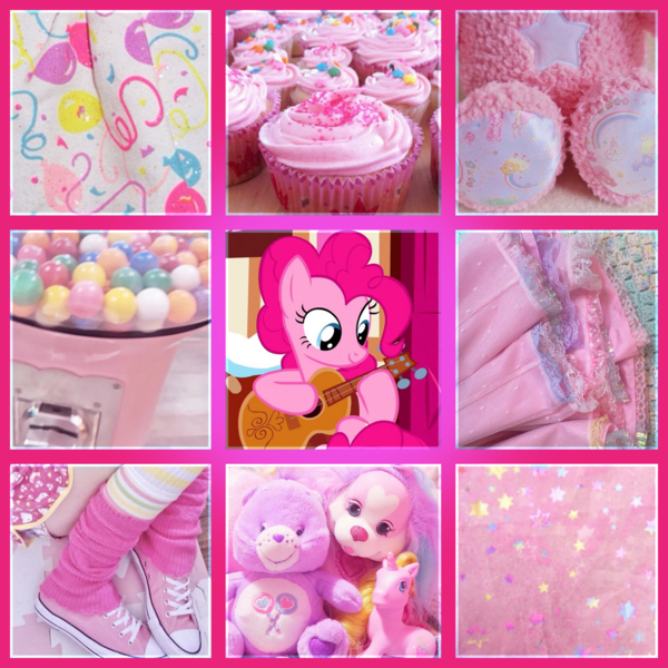 Size: 1280x1280 | Tagged: safe, artist:pixiecutz, derpibooru import, pinkie pie, dog, g4, acoustic guitar, balloon, candy, care bears, clothes, cupcake, fabric, food, glitter, guitar, gumball, gumball machine, image, moodboard, musical instrument, plushie, png, puppy, shoes