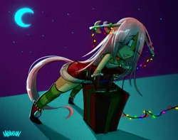 Size: 1920x1512 | Tagged: safe, artist:madragon, derpibooru import, fluttershy, anthro, human, 2020, choker, christmas, christmas lights, christmas outfit, christmas stocking, clothes, derpibooru exclusive, female, garland, green socks, hair over one eye, holiday, horns, humanized, image, looking at you, moon, night, png, present, purple sky, socks, solo, solo female, stars, striped socks, tail, tights