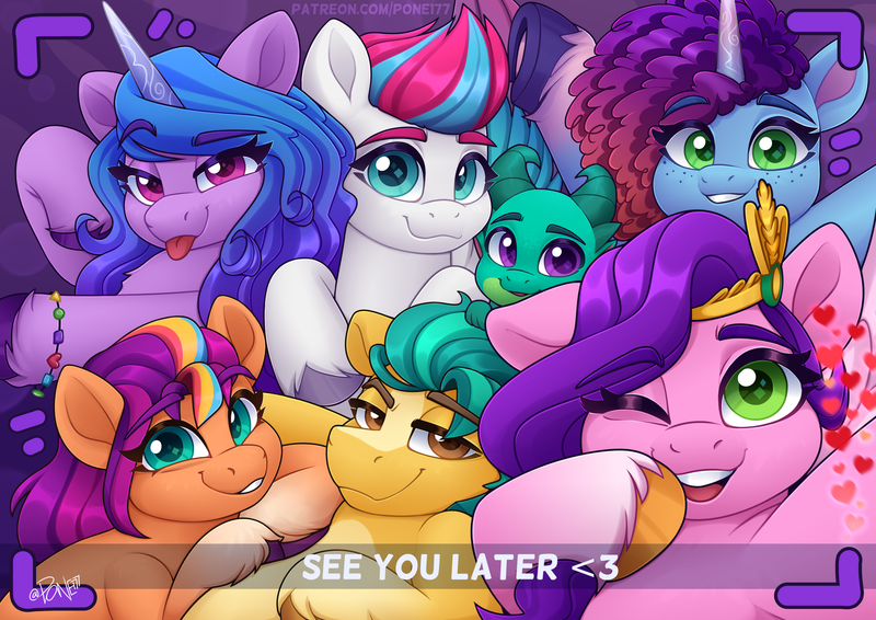 Size: 3000x2121 | Tagged: safe, artist:rivin177, derpibooru import, hitch trailblazer, izzy moonbow, pipp petals, sparky sparkeroni, sunny starscout, zipp storm, earth pony, pegasus, pony, unicorn, g5, my little pony: make your mark, spoiler:g5, adorapipp, adorazipp, applejack (g5), belly, bracelet, camera shot, cute, female, floating heart, fluttershy (g5), grin, group photo, heart, hitch trailblazer gets all the mares, hooves, horn, image, jewelry, looking at you, m, male, mane five, mane seven (g5), mane six (g5), mane stripe sunny, mare, misty brightdawn, mistybetes, pinkie pie (g5), png, rainbow dash (g5), raised hoof, rarity (g5), rebirth misty, simple background, smiling, smirk, stallion, sunnybetes, text, tongue out, twilight sparkle (g5), underhoof, unshorn fetlocks