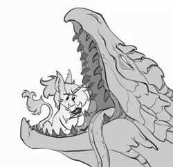 Size: 4096x3942 | Tagged: safe, artist:opalacorn, derpibooru import, oc, unofficial characters only, dragon, pony, unicorn, female, grayscale, horn, image, jpeg, leonine tail, looking at something, mare, monochrome, open mouth, open smile, simple background, sitting, smiling, tail, tongue out, tooth, white background