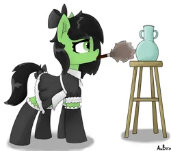 Size: 2842x2499 | Tagged: safe, artist:aubs, derpibooru import, oc, oc:anonfilly, unofficial characters only, earth pony, pony, clothes, duster, female, filly, image, maid, mouth hold, newbie artist training grounds, png, simple background, socks, solo, vase, white background