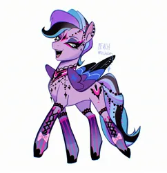 Size: 2477x2560 | Tagged: safe, artist:peachmichea, derpibooru import, queen haven, pegasus, pony, g5, bow, colored wings, ear piercing, earring, emo, face paint, female, image, jewelry, jpeg, legwear, lidded eyes, mare, multicolored wings, open mouth, open smile, piercing, simple background, smiling, solo, white background, wings