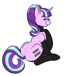 Size: 1000x1000 | Tagged: suggestive, artist:twoshoesmcgee, derpibooru import, starlight glimmer, pony, unicorn, g4, ass, blushing, butt, clothes, equal cutie mark, equalized, evil starlight, female, horn, image, looking at you, mare, png, socks, solo, thigh highs