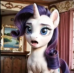 Size: 1024x1003 | Tagged: safe, ai content, derpibooru import, machine learning generated, prompter:yuduz367, rarity, human, pony, g4, adoracreepy, creepy, cute, detailed, detailed background, female, human on pony action, image, interspecies, lidded eyes, looking at you, mare, png, prompt in description, realistic, room, solo, standing, uncanny valley, vhs