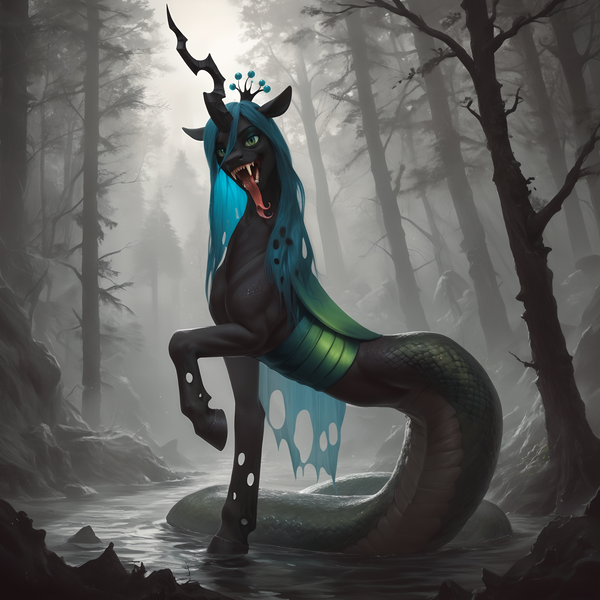 Size: 2432x2432 | Tagged: safe, ai content, derpibooru import, machine learning generated, prompter:star-dragon, stable diffusion, queen chrysalis, lamia, monster pony, original species, g4, dark forest, female, forest, forked tongue, generator:pony diffusion v6 xl, image, long tongue, looking at you, nature, nightmare night, open mouth, png, sharp teeth, solo, species swap, teeth, tongue out, tree