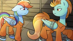 Size: 2048x1164 | Tagged: safe, artist:chaoticcr0w, derpibooru import, lightning dust, rainbow dash, bound wings, clothes, commissioner:rainbowdash69, image, jail, jpeg, never doubt rainbowdash69's involvement, prison, prison outfit, prisoner, prisoner rd, shackles, wings