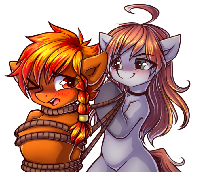 Size: 4164x3508 | Tagged: safe, artist:chaosangeldesu, derpibooru import, oc, oc:flaming hoof, unofficial characters only, earth pony, pegasus, pony, blushing, bondage, braid, commission, duo, image, one eye closed, one eye open, png, rope, rope bondage, simple background, sketch, tied, tied up, transparent background