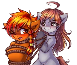 Size: 4164x3508 | Tagged: safe, artist:chaosangeldesu, derpibooru import, oc, oc:flaming hoof, unofficial characters only, earth pony, pegasus, pony, blushing, bondage, braid, commission, duo, image, one eye closed, one eye open, png, rope, rope bondage, simple background, sketch, tied, tied up, transparent background