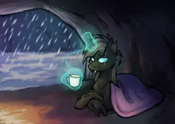 Size: 3536x2500 | Tagged: safe, artist:lonerdemiurge_nail, derpibooru import, oc, unofficial characters only, changeling, pony, blanket, camp, cave, image, magic, mug, png, sketch, snow, snowfall, solo