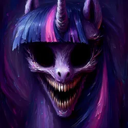 Size: 4096x4096 | Tagged: safe, ai content, anonymous prompter, machine learning generated, twilight sparkle, pony, unicorn, absurd resolution, evil grin, front view, generator:bing image creator, generator:dall-e 3, grin, horror, image, png, smiling, solo, twilight snapple, upscaled