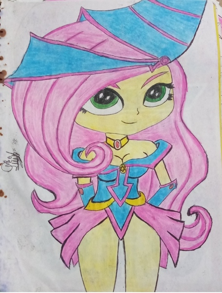 Size: 1080x1422 | Tagged: safe, artist:flutteryaylove, derpibooru import, fluttershy, human, cute, dark magician girl, drawing, image, jpeg, looking away, mlp fim's fourteenth anniversary, simple background, smiling, traditional art