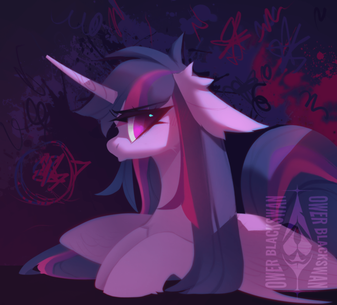 Size: 1920x1742 | Tagged: safe, artist:blcksswn, derpibooru import, twilight sparkle, twilight sparkle (alicorn), alicorn, pony, g4, blushing, cheek fluff, curved horn, ear fluff, eye clipping through hair, eyebrows, eyebrows visible through hair, female, fetlock tuft, floppy ears, folded wings, frustrated, gradient background, hoof fluff, horn, image, lidded eyes, lineless, long horn, long mane, looking back, lying down, mare, multicolored mane, multicolored tail, narrowed eyes, png, pouting, prone, purple coat, purple eyes, purple mane, purple tail, shiny eyes, sitting, solo, speech bubble, straight mane, straight tail, tail, three toned mane, three toned tail, unicorn horn, watermark, wingding eyes, wings