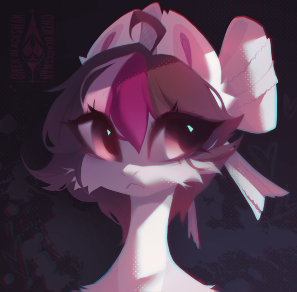 Size: 1920x1887 | Tagged: oc name needed, safe, artist:blcksswn, derpibooru import, oc, unofficial characters only, earth pony, pony, :<, abstract background, ahoge, bangs, big ears, big eyes, bow, bust, cheek fluff, colored pinnae, ear fluff, earth pony oc, eyelashes, female, female oc, frown, hair bow, image, looking away, looking to the right, mare, mare oc, png, purple mane, shiny eyes, short mane, shoulder fluff, sideways glance, three toned mane, white coat, yellow eyes