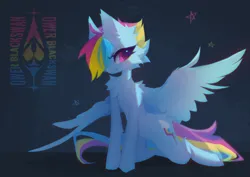 Size: 1920x1360 | Tagged: safe, artist:blcksswn, derpibooru import, rainbow dash, pegasus, pony, g4, abstract background, alternate mane color, alternate tail color, big ears, big eyes, blue coat, cheek fluff, chest fluff, concave belly, ear fluff, eyelashes, feathered wings, female, fluffy, hair over one eye, image, kneeling, looking back, mare, narrowed eyes, one wing out, pink eyes, png, shiny eyes, short hair rainbow dash, short mane, slender, smiling, solo, sparkles, spread wings, thin, three quarter view, watermark, wings