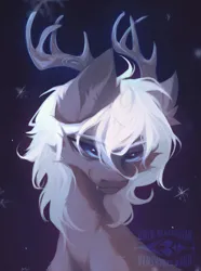 Size: 1920x2577 | Tagged: oc name needed, safe, artist:blcksswn, derpibooru import, oc, unofficial characters only, hybrid, pony, ambiguous gender, antlers, big eyes, blue eyes, bust, colored eyebrows, colored pinnae, commission, ear fluff, fangs, gradient background, gray coat, hybrid oc, image, long mane, looking at you, neck fluff, png, portrait, shoulder fluff, smiling, smiling at you, snow, snowflake, solo, watermark, white mane, wingding eyes