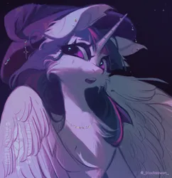 Size: 1920x1983 | Tagged: safe, artist:blcksswn, derpibooru import, twilight sparkle, twilight sparkle (alicorn), alicorn, pony, g4, big ears, big eyes, bucktooth, cheek fluff, chest fluff, ear fluff, ear piercing, earring, eye clipping through hair, female, hat, horn, image, jewelry, long horn, long mane, looking away, mare, multicolored mane, necklace, open mouth, partially open wings, piercing, png, purple coat, purple eyes, shiny eyes, signature, slender, solo, sparkles, starry background, stars, tall ears, thick eyelashes, thin, three toned mane, tooth gap, watermark, wing fluff, wings, wizard hat