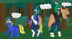 Size: 2048x1103 | Tagged: suggestive, artist:pokefan-tf, derpibooru import, oc, oc:thunder lightning, pegasus, bow, decidueye, forest, image, jpeg, nature, octransfur, pokémon, sequence, transformation, transgender transformation, tree