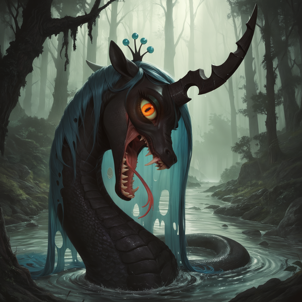 Size: 2432x2432 | Tagged: safe, ai content, derpibooru import, machine learning generated, prompter:star-dragon, stable diffusion, queen chrysalis, monster pony, original species, snake, snake pony, g4, dark forest, female, forest, forked tongue, generator:pony diffusion v6 xl, image, long tongue, looking at you, nature, nightmare night, open mouth, png, sharp teeth, solo, species swap, teeth, tongue out, tree