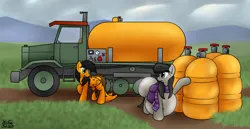 Size: 2880x1488 | Tagged: safe, artist:the-furry-railfan, derpibooru import, octavia melody, oc, oc:twintails, earth pony, pegasus, pony, g4, air tank, bag, belly, big belly, butt, butt expansion, clothes, cloud, cloudy, duo, grass, grass field, growth, half-track, huge belly, huge butt, image, impossibly large belly, impossibly large butt, inflatable, inflatia, inflation, large butt, mountain, mountain range, overcast, p 235, png, saddle bag, scarf, squishy, striped scarf, tanker truck, treblebutt, truck, wide hips, wings