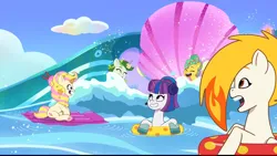 Size: 1920x1080 | Tagged: safe, derpibooru import, pegasus, pony, unicorn, g5, my little pony: tell your tale, spoiler:g5, spoiler:my little pony: tell your tale, spoiler:tyts02e23, air mattress, female, flare (g5), floaty, group, happy, headphones, horn, image, inner tube, leaf pony, little rock, mare, open mouth, open smile, png, pool toy, quintet, shortcakes the strawberry dessert pony, smiling, sundae (g5), the water park