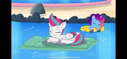 Size: 2532x1170 | Tagged: safe, derpibooru import, screencap, zipp storm, pegasus, pony, g5, my little pony: tell your tale, spoiler:g5, spoiler:my little pony: tell your tale, spoiler:tyts02e23, adorazipp, cute, duo, duo female, female, floaty, image, mare, misty brightdawn, mistybetes, nap, png, pool toy, sleeping, swimming pool, the water park