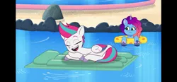 Size: 2532x1170 | Tagged: safe, derpibooru import, screencap, zipp storm, pegasus, pony, unicorn, g5, my little pony: tell your tale, spoiler:g5, spoiler:my little pony: tell your tale, spoiler:tyts02e23, adorazipp, cute, duo, duo female, female, floaty, horn, image, mare, misty brightdawn, nap, png, pool toy, sleeping, snoring, swimming pool, the water park