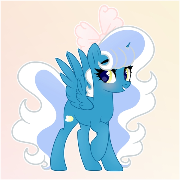 Size: 6890x6890 | Tagged: safe, artist:riofluttershy, derpibooru import, oc, oc:fleurbelle, unofficial characters only, alicorn, pony, alicorn oc, blushing, bow, female, gradient background, hair bow, hoof hold, horn, image, jpeg, looking back, mare, pink bow, solo, tail, two toned hair, two toned mane, two toned tail, wings, yellow eyes