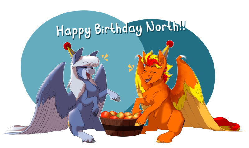 Size: 6563x3900 | Tagged: safe, artist:parrpitched, derpibooru import, oc, oc:fireheart(fire), oc:north star, unofficial characters only, bat pony, pegasus, pony, bat pony oc, bat wings, birthday, duo, food, fruit, hat, image, mango, party, party hat, pegasus oc, png, wings