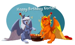 Size: 6563x3900 | Tagged: safe, artist:parrpitched, derpibooru import, oc, oc:fireheart(fire), oc:north star, unofficial characters only, bat pony, pegasus, pony, bat pony oc, bat wings, birthday, duo, food, fruit, hat, image, mango, party, party hat, pegasus oc, png, wings