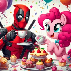 Size: 1024x1024 | Tagged: safe, ai content, derpibooru import, machine learning generated, prompter:bluey2309, pinkie pie, earth pony, human, g4, cup, cupcake, deadpool, duo, female, food, image, jpeg, marvel, superhero, tea party, teacup