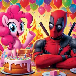 Size: 1024x1024 | Tagged: safe, ai content, derpibooru import, machine learning generated, prompter:bluey2309, pinkie pie, earth pony, human, balloon, birthday cake, birthday party, cake, deadpool, duo, female, food, happy birthday, image, jpeg, male, marvel, marvel comics, party