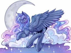 Size: 1371x1024 | Tagged: safe, artist:alunarlen, derpibooru import, princess luna, alicorn, pony, g4, female, image, jpeg, mare, moon, simple background, solo, spread wings, white background, wings