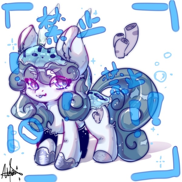 Size: 1024x1024 | Tagged: safe, artist:alunarlen, derpibooru import, pony, :p, abstract background, blue mane, coral, image, jpeg, solo, tongue out, white coat