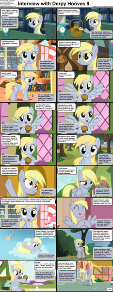 Size: 1282x3304 | Tagged: safe, derpibooru import, edit, edited screencap, screencap, derpy hooves, fluttershy, rainbow dash, pegasus, pony, comic:celestia's servant interview, double rainboom, g4, rock solid friendship, slice of life (episode), background pony, basket, caption, comic, cs captions, eating, female, food, hoof hold, image, image macro, interior, interview, looking at you, mare, muffin, png, ponyville, post office, raised hoof, screencap comic, sitting, smiling, smiling at you, sugarcube corner, sweet apple acres, text