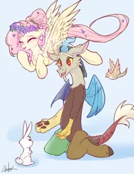 Size: 3162x4096 | Tagged: safe, artist:alunarlen, derpibooru import, angel bunny, bird, draconequus, pegasus, pony, rabbit, g4, animal, closed, cute, daaaaaaaaaaaw, digital art, female, floral head wreath, flower, flying, image, jpeg, kneeling, mare, open mouth, open smile, smiling, trio