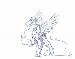 Size: 1300x1024 | Tagged: safe, artist:alunarlen, derpibooru import, princess luna, alicorn, pony, g4, female, full body, image, jpeg, lineart, mare, raised hoof, smiling, solo