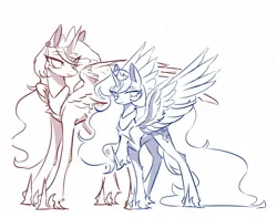 Size: 1300x1024 | Tagged: safe, artist:alunarlen, derpibooru import, princess celestia, princess luna, alicorn, pony, g4, duo, duo female, female, full body, image, jpeg, lineart, mare, raised hoof, royal sisters, siblings, sisters, smiling