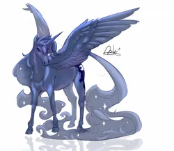 Size: 1500x1300 | Tagged: safe, artist:alunarlen, derpibooru import, princess luna, alicorn, pony, g4, full body, hoers, image, jpeg, simple background, solo, spread wings, white background, wings