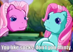 Size: 628x451 | Tagged: safe, derpibooru import, screencap, minty, pinkie pie (g3), g3, the runaway rainbow, caption, image, image macro, imgflip, jpeg, just one bite, reference, spongebob reference, spongebob squarepants, text, you like krabby patties don't you squidward?