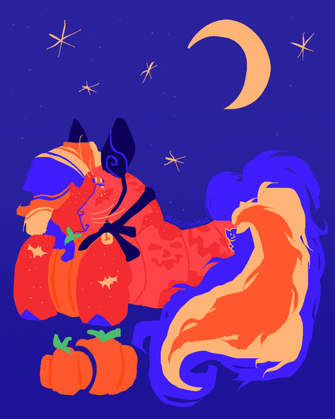 Size: 1244x1559 | Tagged: safe, artist:peachpaws0, derpibooru import, pumpkin tart, g3, animal costume, bell, bow, cat costume, clothes, costume, freckles, halloween, halloween costume, holiday, image, mlp fim's fourteenth anniversary, moon, orange mane, png, pumpkin, purple background, purple mane, simple background, solo, stars, whiskers, yellow mane