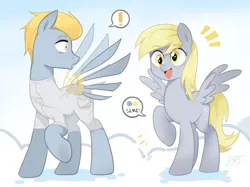 Size: 2732x2048 | Tagged: safe, artist:goldenage2049, derpibooru import, derpy hooves, oc, oc:h8-seed, pegasus, pony, g4, clothes, duo, duo male and female, emanata, exclamation point, female, gradient background, image, male, mare, not rule 63, open mouth, open smile, pegasus oc, png, resemblance, simple background, smiling, stallion, wings