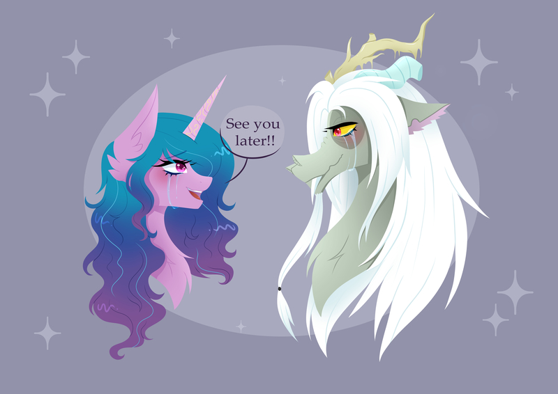 Size: 7016x4961 | Tagged: safe, alternate version, artist:rubyart44, derpibooru import, idw, part of a set, discord, izzy moonbow, draconequus, pony, unicorn, g5, spoiler:comic, spoiler:g5comic, antlers, broken horn, bust, crying, dialogue in the description, duo, duo male and female, end of g5, exclamation point, female, horn, image, jpeg, male, old man discord, portrait, pun in description, see you later, snaggletooth, sparkles