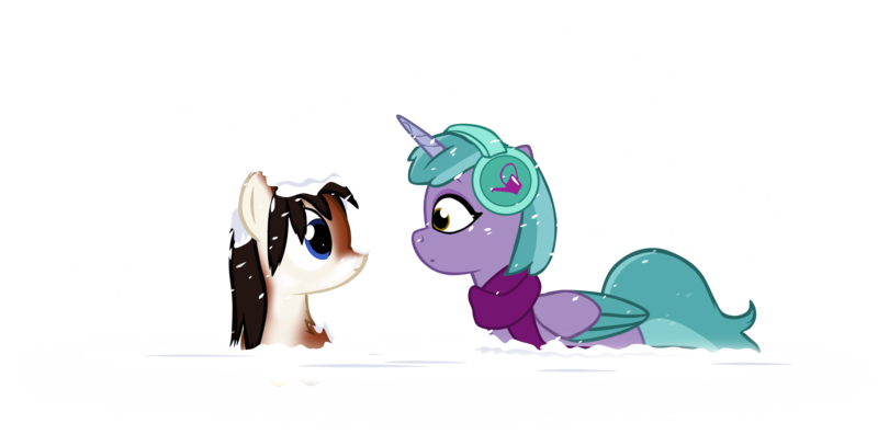 Size: 2439x1211 | Tagged: safe, artist:equestriaexploration, derpibooru import, oc, oc:katabatica lee, pony, taiga pony, g5, clothes, headphones, image, png, scarf, shiny sparks, simple background, snow, transparent background