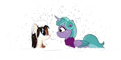 Size: 2439x1211 | Tagged: safe, artist:equestriaexploration, derpibooru import, oc, oc:katabatica lee, pony, taiga pony, g5, clothes, headphones, image, png, scarf, shiny sparks, simple background, snow, transparent background